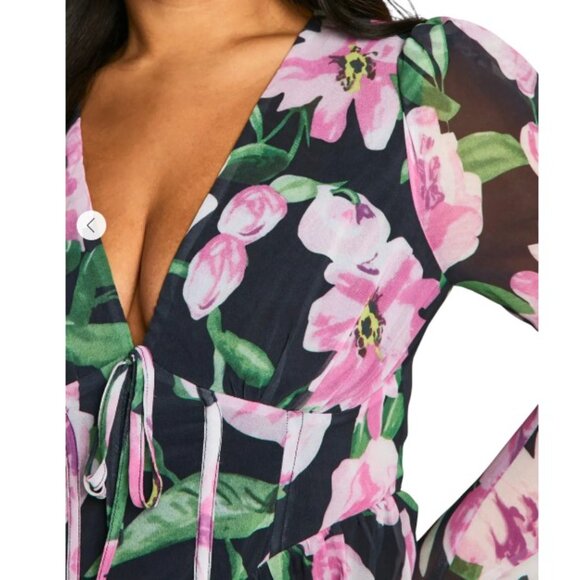 boohoo Plus Woven Chiffon Floral Milkmaid Skater Dress, Black with Pink, 22 - Picture 4 of 12